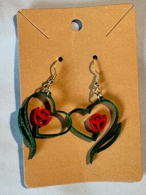 925 Sterling Silver Hooks, Heart & Rose Dangle Earrings, Handmade New
